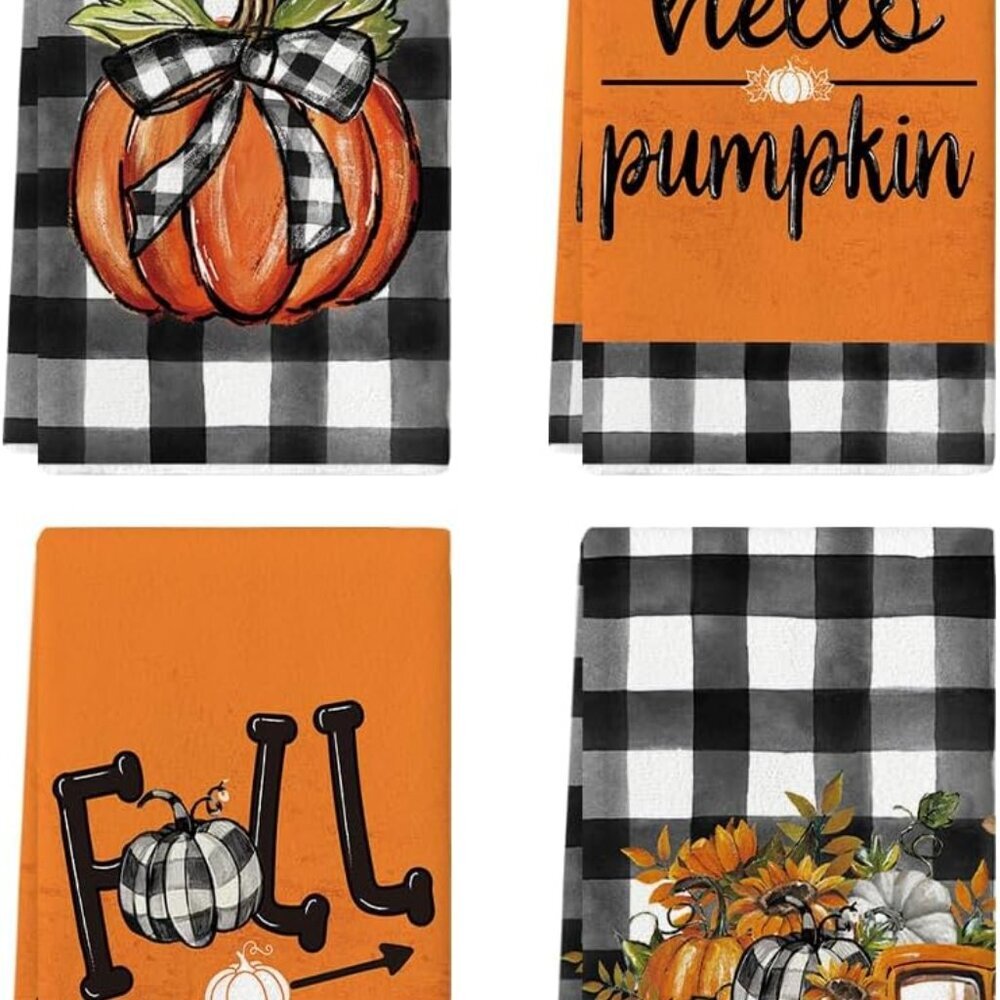 Buffalo Plaid Truck Hello Pumpkin Fall Kitchen Towels Dish Towels, 18x26 Inch Fa